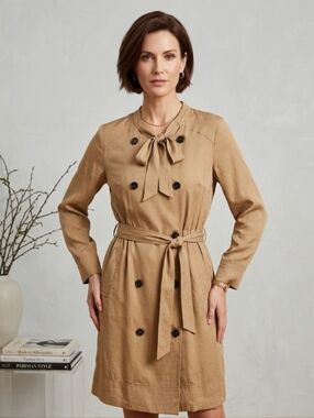 Jean Paul Barlin Tan Double Breasted Silky Neck Tie Long Sleeve Belted Jacket